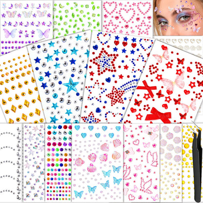 FANDAMEI Face Gem Stickers, 15 Sheets Self Adhesive Face Gems, Bedazzling Rhinestone Stickers for Face Body Hair Nail Art, Multi-Style Sticker Gems Jewel Stickers for Kids Women Halloween Make Up