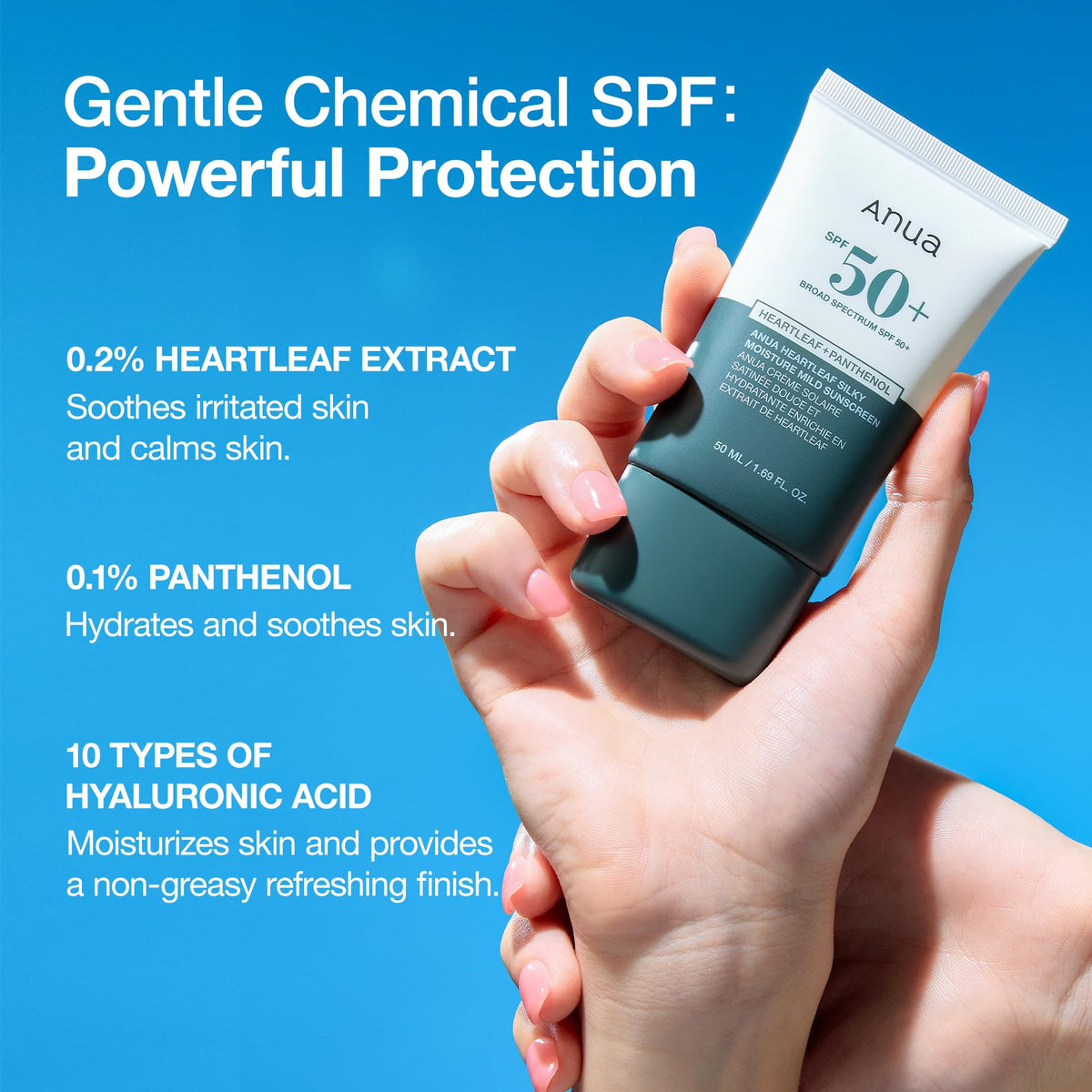 Anua Heartleaf Silky Moisture Mild Sunscreen, Broad Spectrum SPF 50+ with Moisturizing Formula, Lightweight Korean Sunscreen, Natural finish, Vegan, korean skin care 50ml / 1.69 fl. oz.