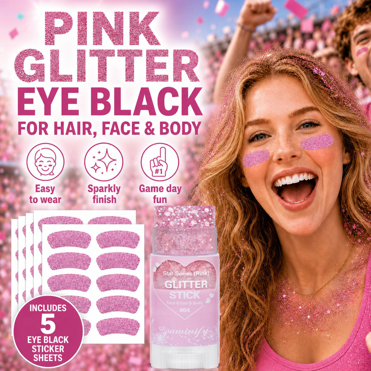 Paminify Pink Eye Black Stickers and Hair Glitter Stick Kit,Water-Proof 50pcs Eye Sticker Bulk for Baseball Softball Sports Party,Pink Spirit Day Accessories Holographic Cheer Face Body Glitter