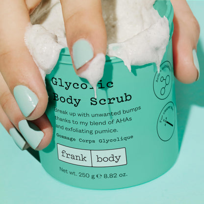 frank body Glycolic Acid Body Scrub | Exfoliating Body Scrub for Strawberry Skin, KP, Bumps & Ingrowns | Smooths Rough Skin on Legs, Arms, Back & Bum | Niacinamide, Witch Hazel & Pumice | 8.82 oz