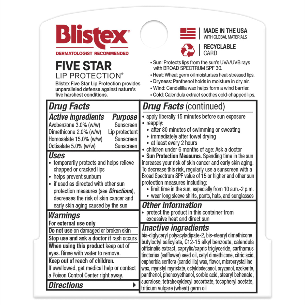 Blistex Five Star Lip Protection SPF 30 Lip Balm, 24 Hr Moisture, 0.15 oz