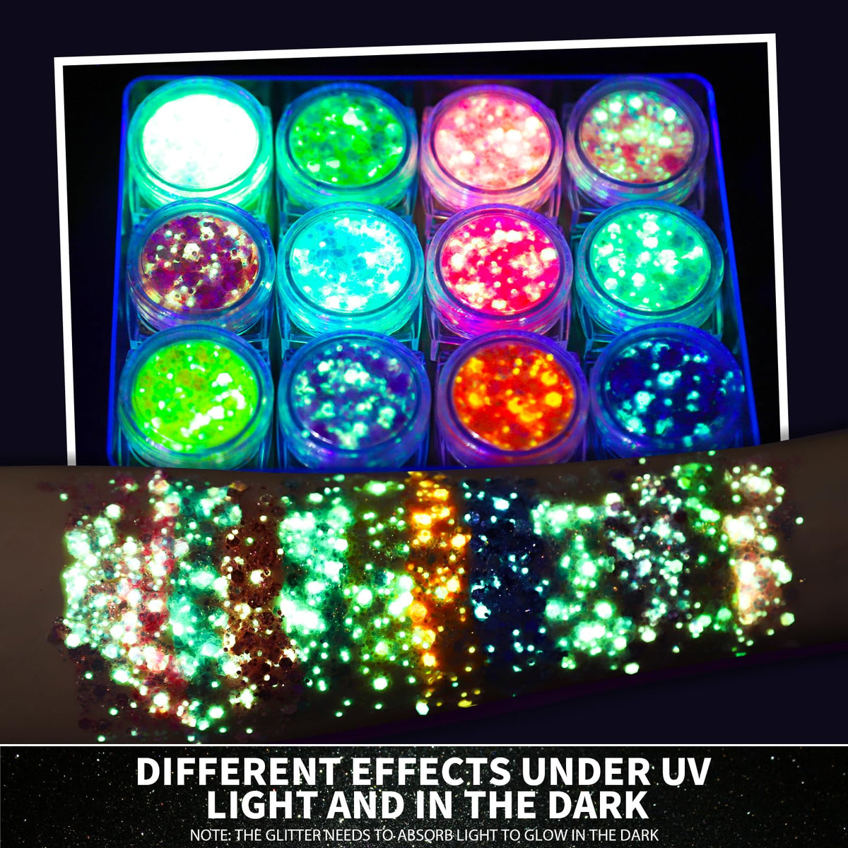 Teenitor 12 Colors Glow in The Dark Glitter Gel, Face Glitter Body Glitter Gel Hair Glitter for UV Black Light Carnival Makeup Raves Festivals