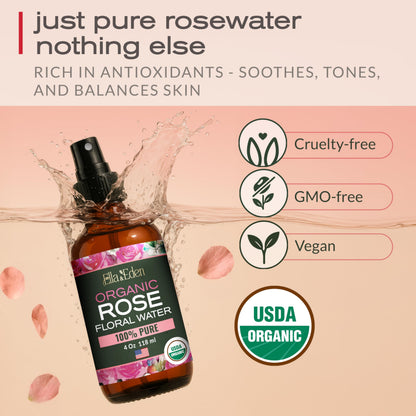 Organic Rose Water Spray for Face, USDA Certified 100% Pure, 4 Fl Oz