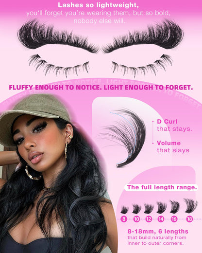 Fluffy Lash Clusters Kit with Bottom Lashes Volume Eyelash Extension Kit 150D+200D Thick Eyelash Clusters Kit 8-18MM Wispy Individual Lashes with Waterproof Lash Bond&Seal D Curl Lash Extension kit