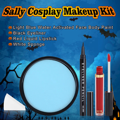 Paminify 4 Pcs Sally Makeup Kit,Corpse Bride SFX Halloween Baby Blue ,Water Activated Face Paint Makeup Kit,Sally Face Costume Women Cosplay,Light Blue Body Paint+Eyeliner+Lipstick+Sponge