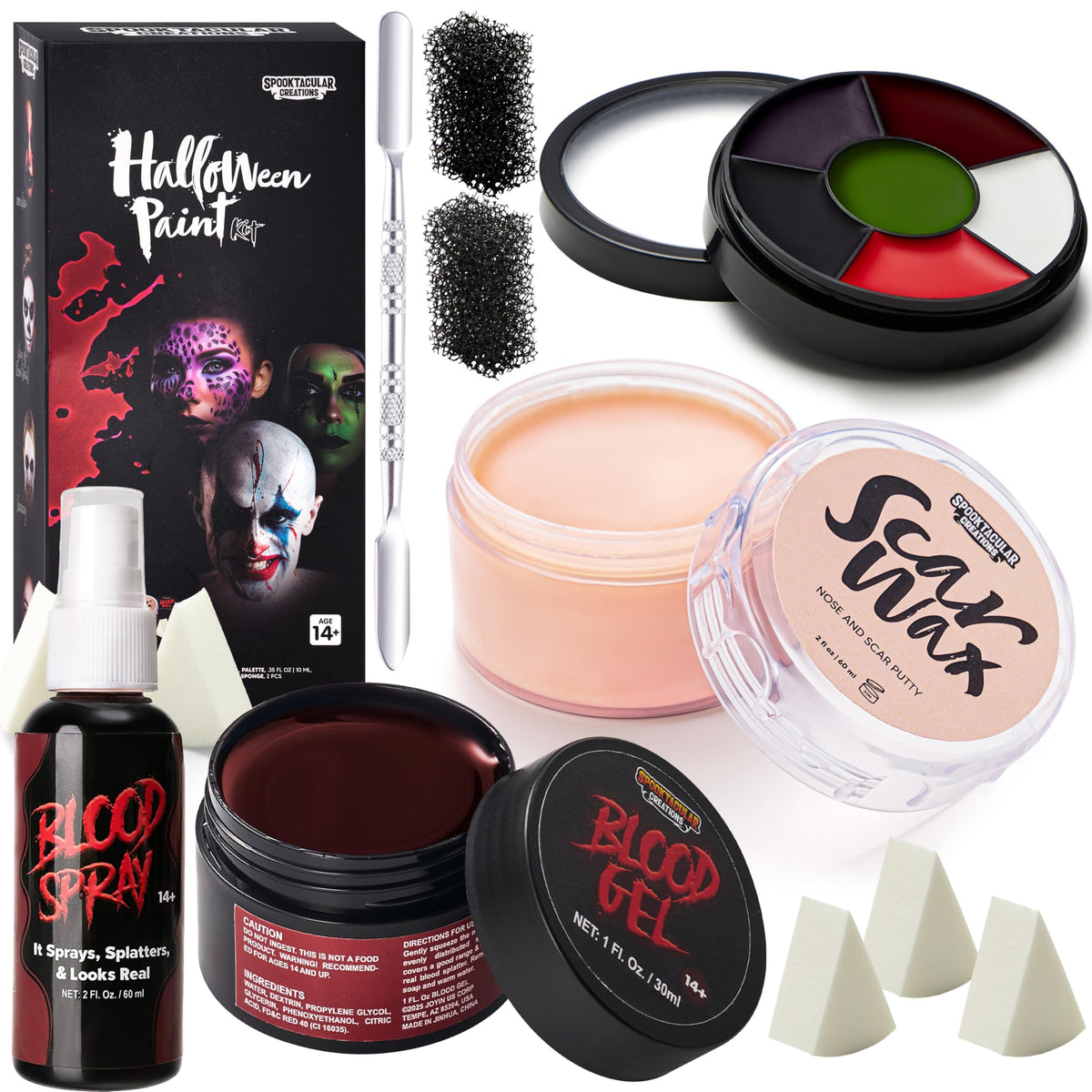 Spooktacular Creations Halloween Makeup Kit Face Painting Set,6 Colors Bruise Makeup Palette,Scar Wax with Spatula Tool,Fake Blood Gel,Blood Spray,Stipple Sponges,SFX Costume Cosplay Party for Adult