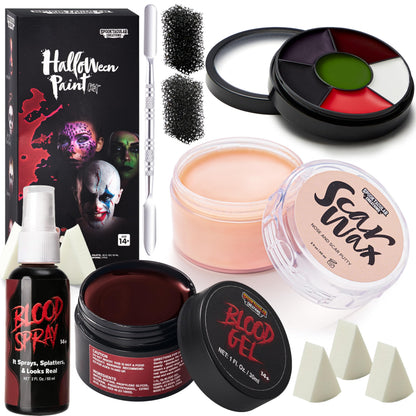 Spooktacular Creations Halloween Makeup Kit Face Painting Set,6 Colors Bruise Makeup Palette,Scar Wax with Spatula Tool,Fake Blood Gel,Blood Spray,Stipple Sponges,SFX Costume Cosplay Party for Adult