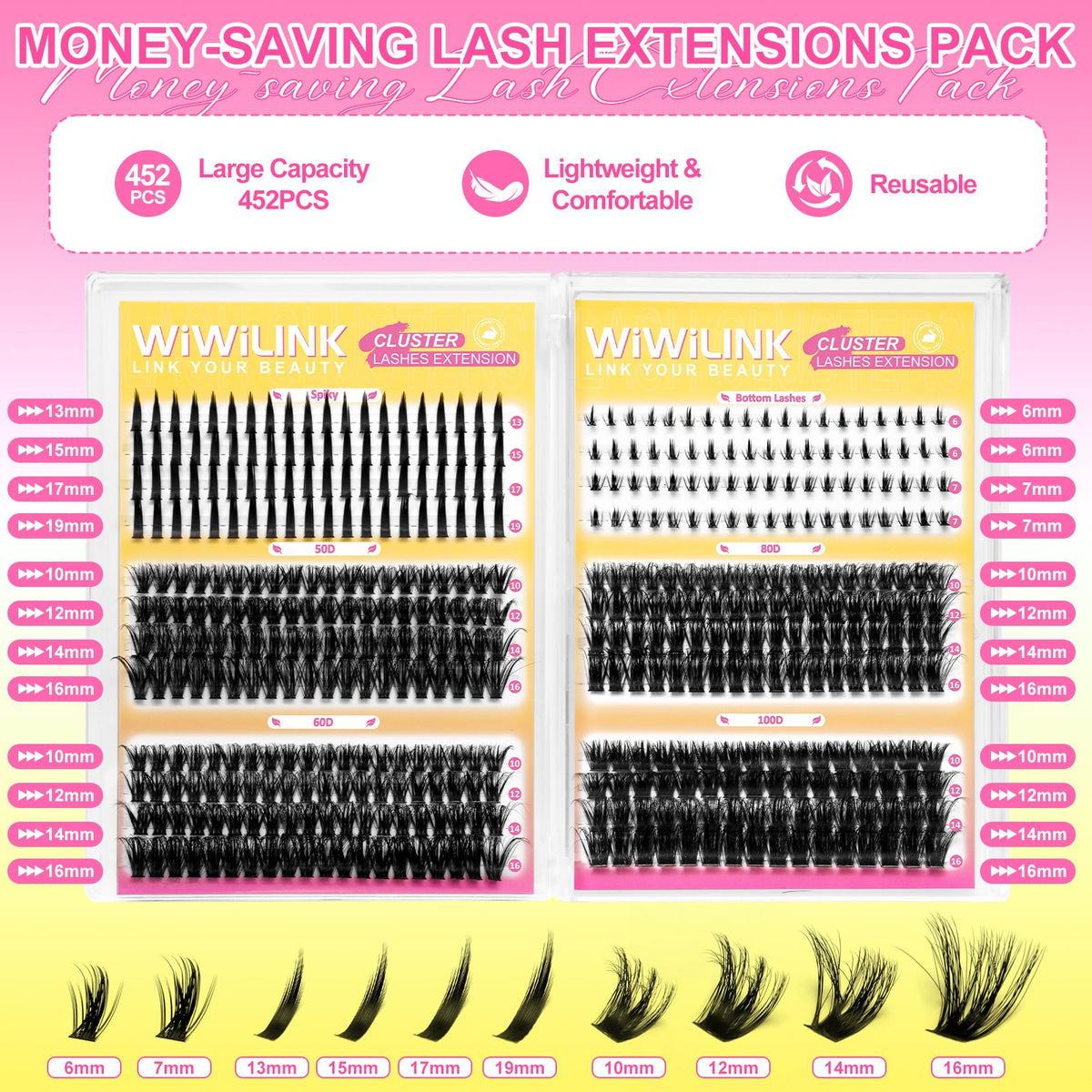 WiWiLINK Fluffy Lash Clusters Kit Wispy 452Pcs Eyelash Clusters with Spikes 50D 60D 80D 100D Manga Cluster Eyelash Extensions Kit Volume Lash Extension 10-16mm False Eyelashes Kit