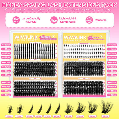 WiWiLINK Fluffy Lash Clusters Kit Wispy 452Pcs Eyelash Clusters with Spikes 50D 60D 80D 100D Manga Cluster Eyelash Extensions Kit Volume Lash Extension 10-16mm False Eyelashes Kit