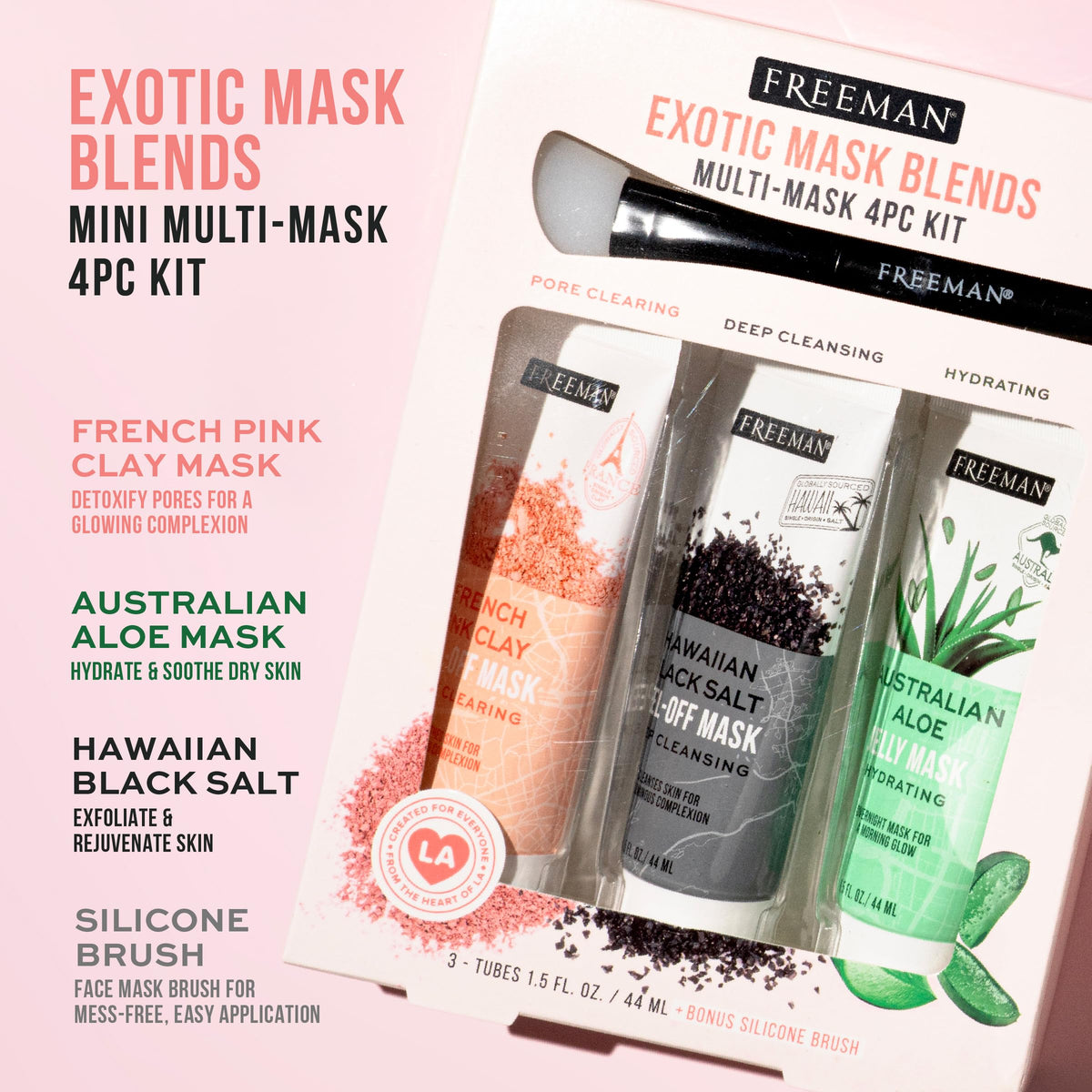 Freeman Exotic Blends Facial Mask 4 Piece Set, Peel-Off & Jelly Masks, Cleansing, Pore-Clearing & Hydrating Facial Masks, For All Skin Types, Includes Silicone Mask Brush, Vegan & Cruelty-Free