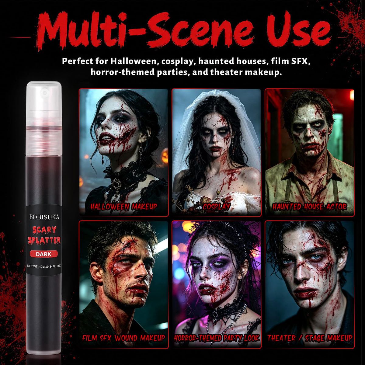 BOBISUKA Dark Fake Blood Spray– Splatter SFX Makeup Kit for Halloween, Cosplay, Zombie, Vampire, Clown, Scary Wounds, Easy Washable Formula – 0.34 fl.oz
