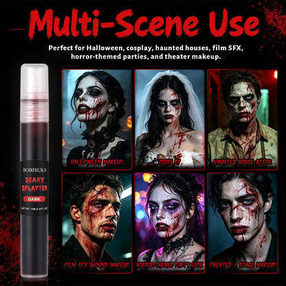 BOBISUKA Dark Fake Blood Spray– Splatter SFX Makeup Kit for Halloween, Cosplay, Zombie, Vampire, Clown, Scary Wounds, Easy Washable Formula – 0.34 fl.oz