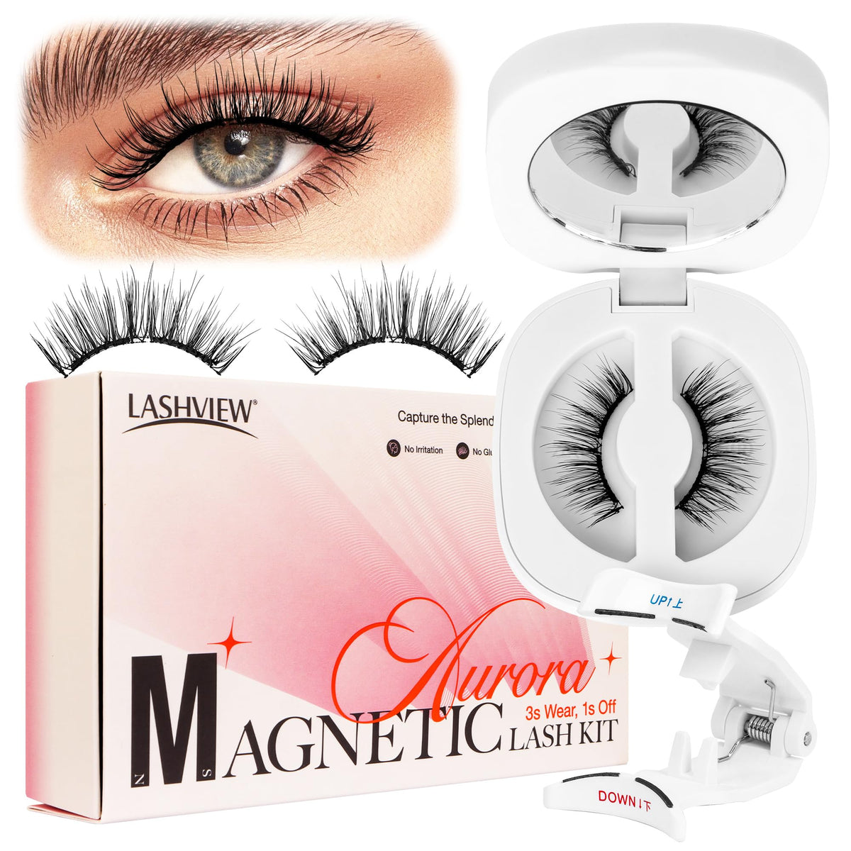 LASHVIEW Upgrade Magnetic Eyelashes with Applicator Reusable Soft Magnetic Eyelashes Natural Look No Glue Needed Lashes Kit Easy to Wear and Remove(A02)