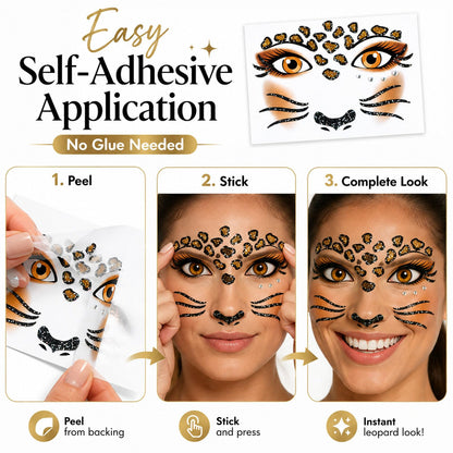 Leopard Face Tattoo Stickers with Glitter Face Jewels, 2Pcs Cute Leopard Self-adhesive Temporary Tattoo for Adult Kids Animal Makeup, Halloween, Cosplay Party Decoration Supplies