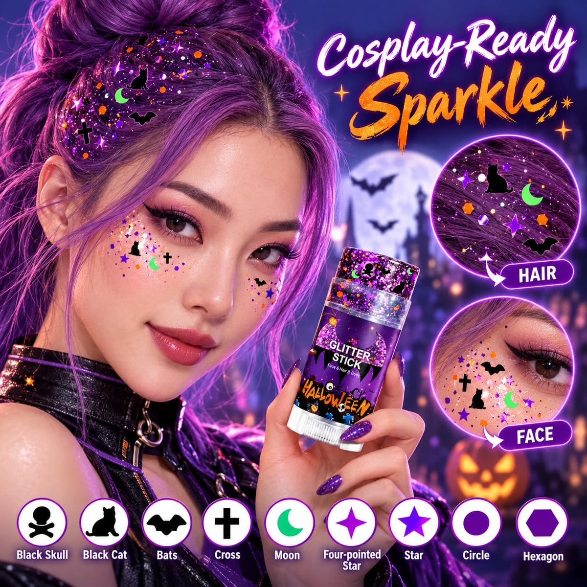 Halloween Face Body and Hair Glitter Stick, Black Purple Body Glitter Gel