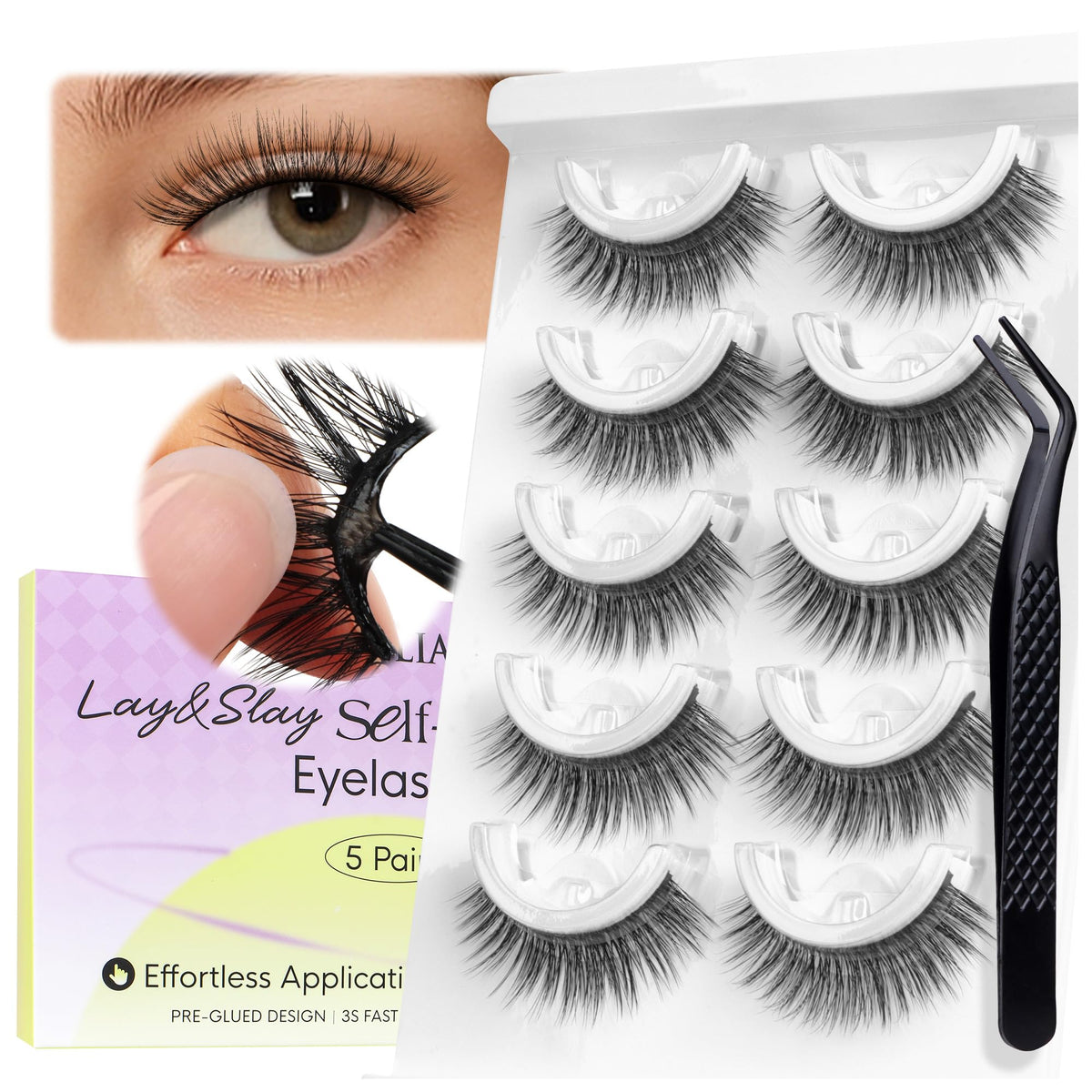 BEYELIAN Self Adhesive Eyelashes, Pre Glued Wispy False Lashes Strip Lash