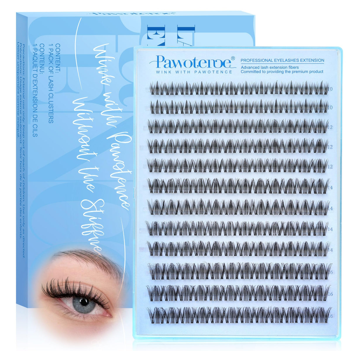 Pawotence Natural Lash Clusters Wispy Eyelash Clusters D-Curly Clear Band Lashes Clusters Eyelash Extensions, 10-16mm Ultra Thin Soft Band Eyelashes Clusters DIY Lash Extension