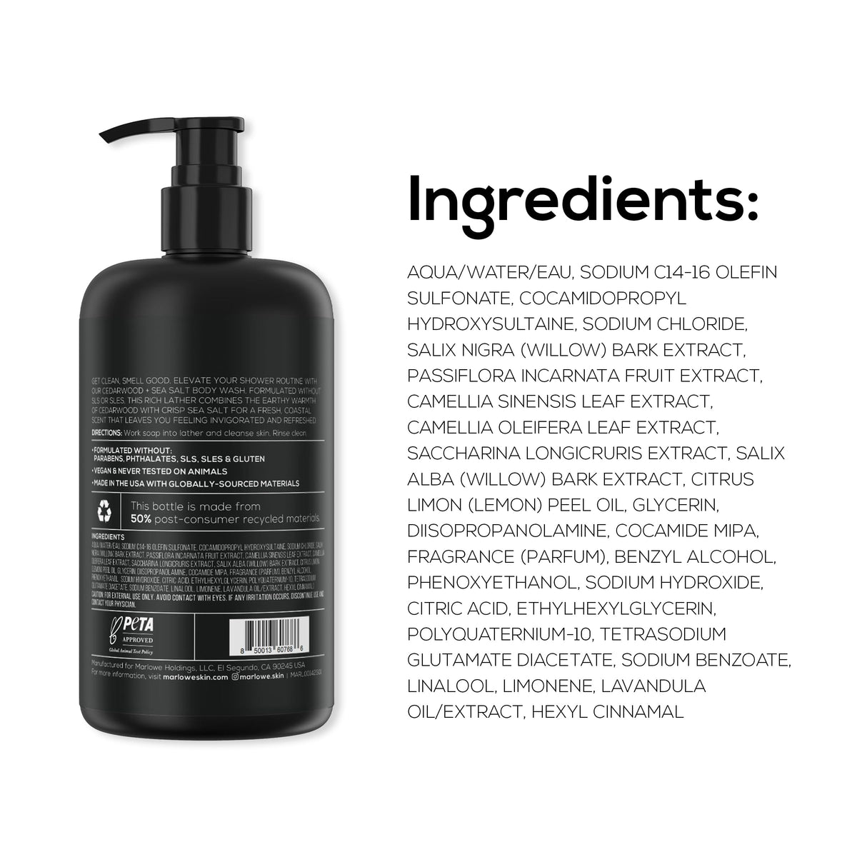 MARLOWE. Men's Body Wash, Refreshing Shower Gel, Cedarwood, 15 oz Pump