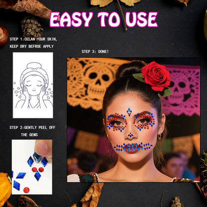 Halloween Face Jewels Temporary Tattoos – 4 Pack Day of the Death Rhinestone Skull Face Gems – Crystal Eye Glitter Stickers for Halloween Makeup, Cosplay & Horror Party Supplies (4 PCS)