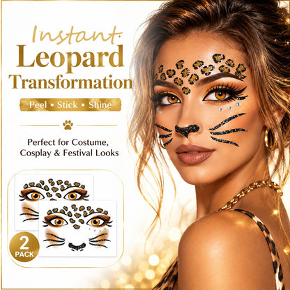 Leopard Face Tattoo Stickers with Glitter Face Jewels, 2Pcs Cute Leopard Self-adhesive Temporary Tattoo for Adult Kids Animal Makeup, Halloween, Cosplay Party Decoration Supplies