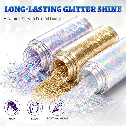 AROIC Body Glitter Spray 3 Pack, Hair & Body Shimmer Glint-Rainbow Powder