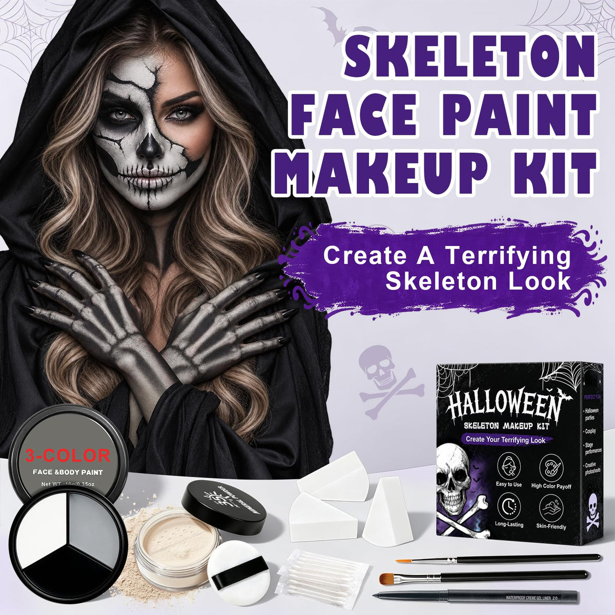 XINGXYUEL Halloween Skeleton Makeup Kit, White Black Grey Face Body Paint