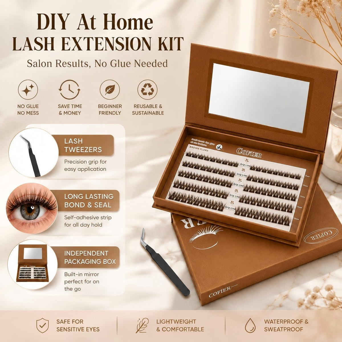 Pre Glued Wispy Lash Clusters Kit, 90 Pcs Individual Eyelash Clusters (Brown 8-16mm/C Curl) - Lash Extension Kit with Eyelashes Tweezers and Clips, Natural Fake Lashes No Glue Need, Beginners Friendly
