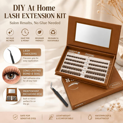 Pre Glued Wispy Lash Clusters Kit, 90 Pcs Individual Eyelash Clusters (Brown 8-16mm/C Curl) - Lash Extension Kit with Eyelashes Tweezers and Clips, Natural Fake Lashes No Glue Need, Beginners Friendly