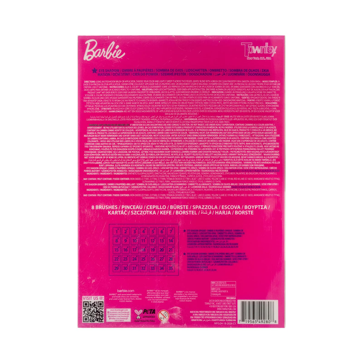 Barbie 35-Well Shadow Palette with 8 Brushes, Ages 8+