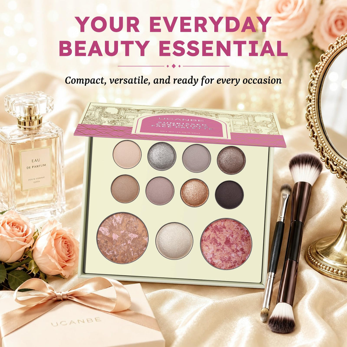 UCANBE Baked Makeup Palette Set - Include Blush, Highlighter, Bronzer, 8 Eyeshadows & Brushes, Pigmented All-in-One Face & Eye Powder Pallet Full Size Holiday Beauty Gift Kit, Travel Friendly