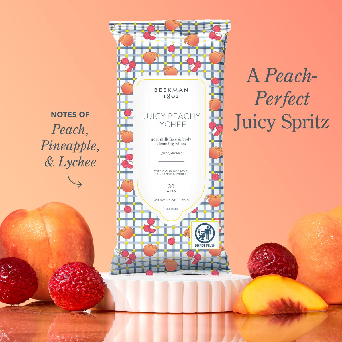 Beekman 1802 Goat Milk Face Wipes, Juicy Peachy Lychee, 30 Count