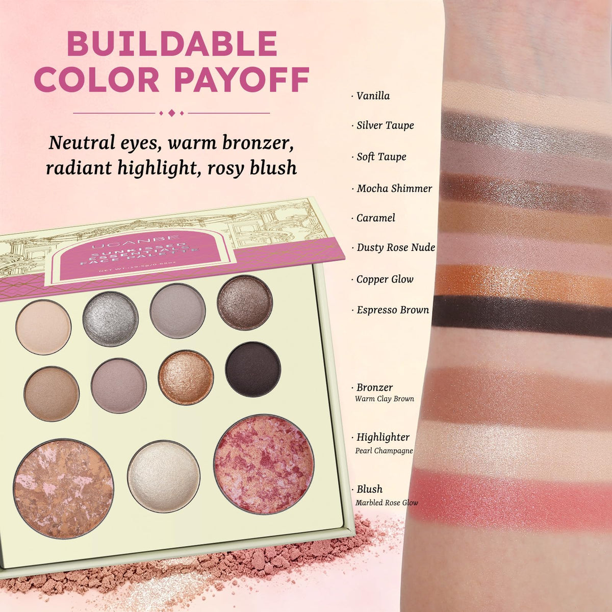 UCANBE Baked Makeup Palette Set - Include Blush, Highlighter, Bronzer, 8 Eyeshadows & Brushes, Pigmented All-in-One Face & Eye Powder Pallet Full Size Holiday Beauty Gift Kit, Travel Friendly