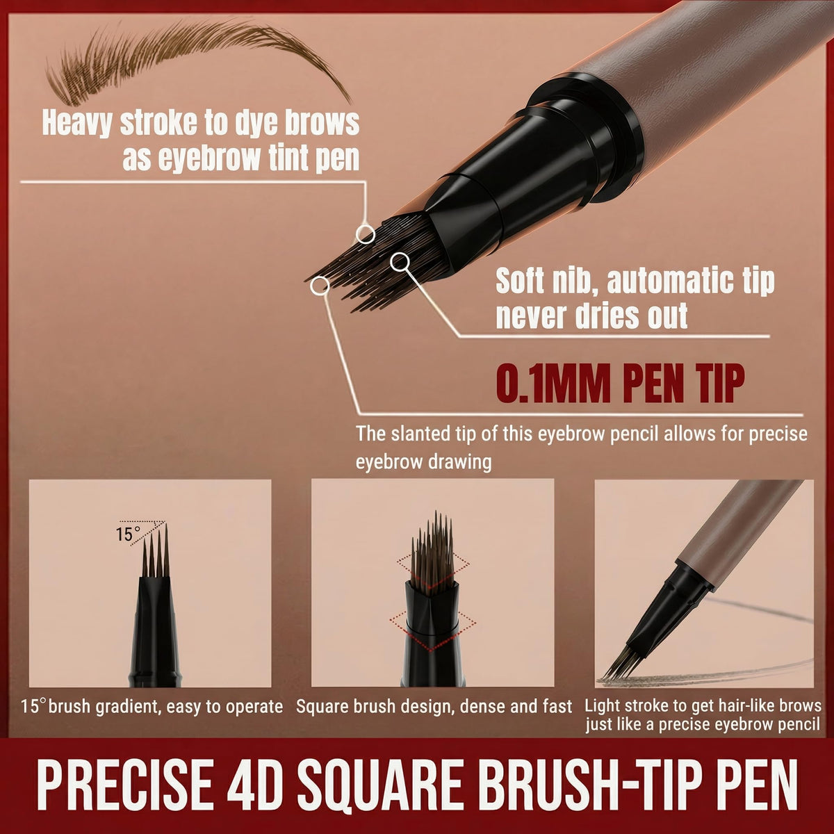 Eyebrow Pencil for Women, 2-in-1 Microblading Eyebrow Pen with 4D Square & Ultra-Fine Tips, Waterproof Long-Lasting Brow Pencil, Hair-Like Strokes for Natural Fuller Brows with Brow Brush, Black Brown