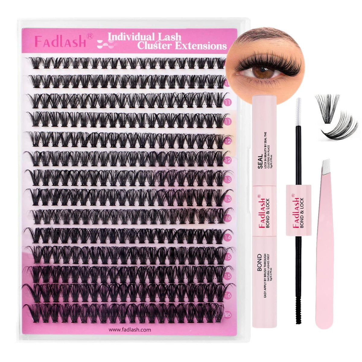 FADLASH Lash Clusters Kit 280PCS Natural Eyelash Clusters Individual D Curl Cluster Eyelash Extensions 8-16mm with Lash Bond and Seal Lash Tweezer for Beginners Soft Thin Band (40D-0.07D-8-16mm KIT)