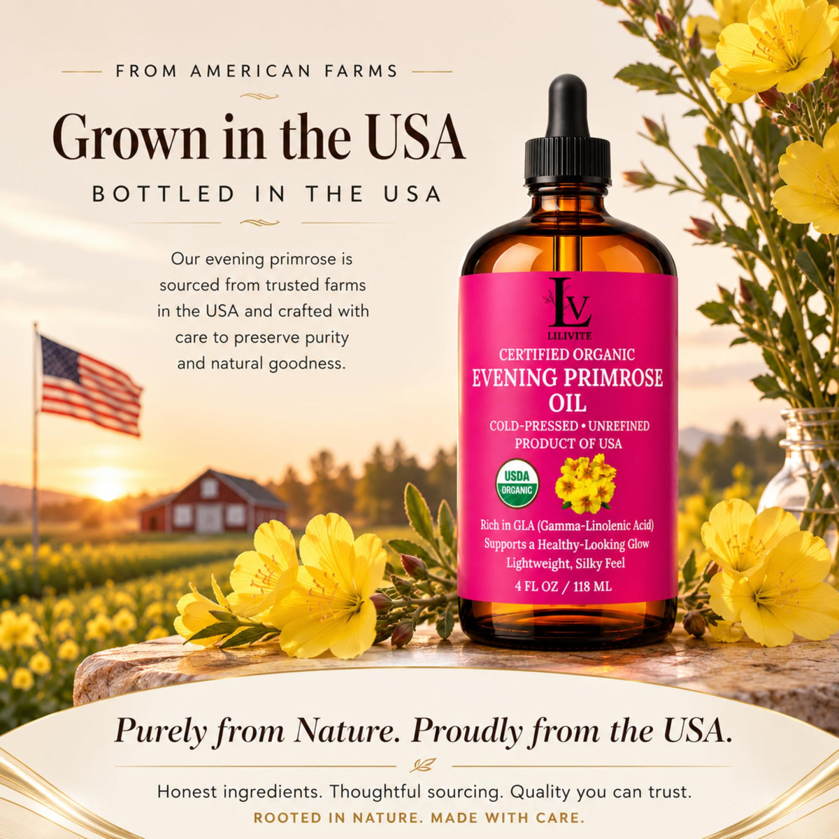 LILIVITE Evening Primrose Oil, Cold Pressed, Unrefined, USA Grown, 4 fl oz