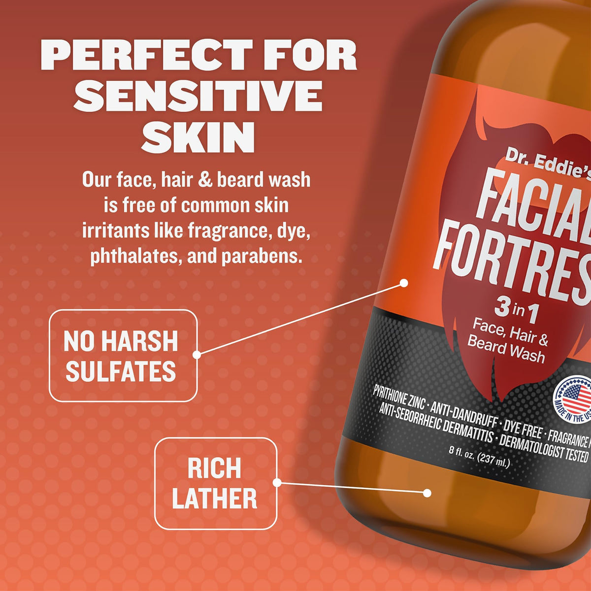 Dr. Eddie's Facial Fortress 3 in 1 Face & Beard Wash - 8 Fl Oz (Pack of 1)