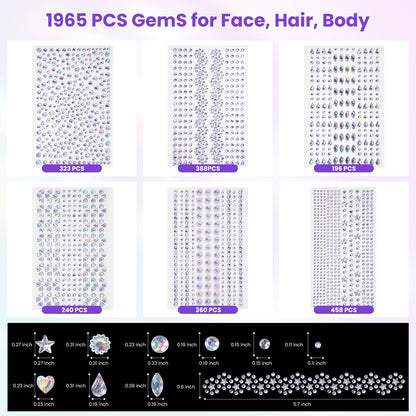 1965Pcs Face Gems for Women, Self-Adhesive Eye Jewels for Body and Hair