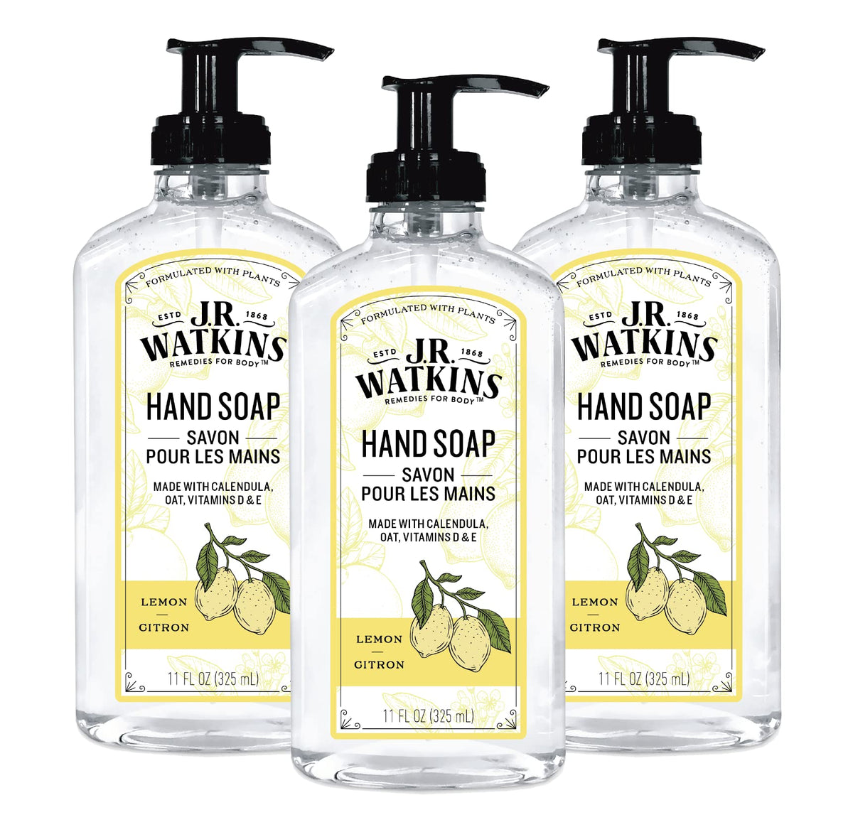 J.R. Watkins Moisturizing Gel Hand Soap Dispenser 3 Pack, Lemon, 11 fl oz