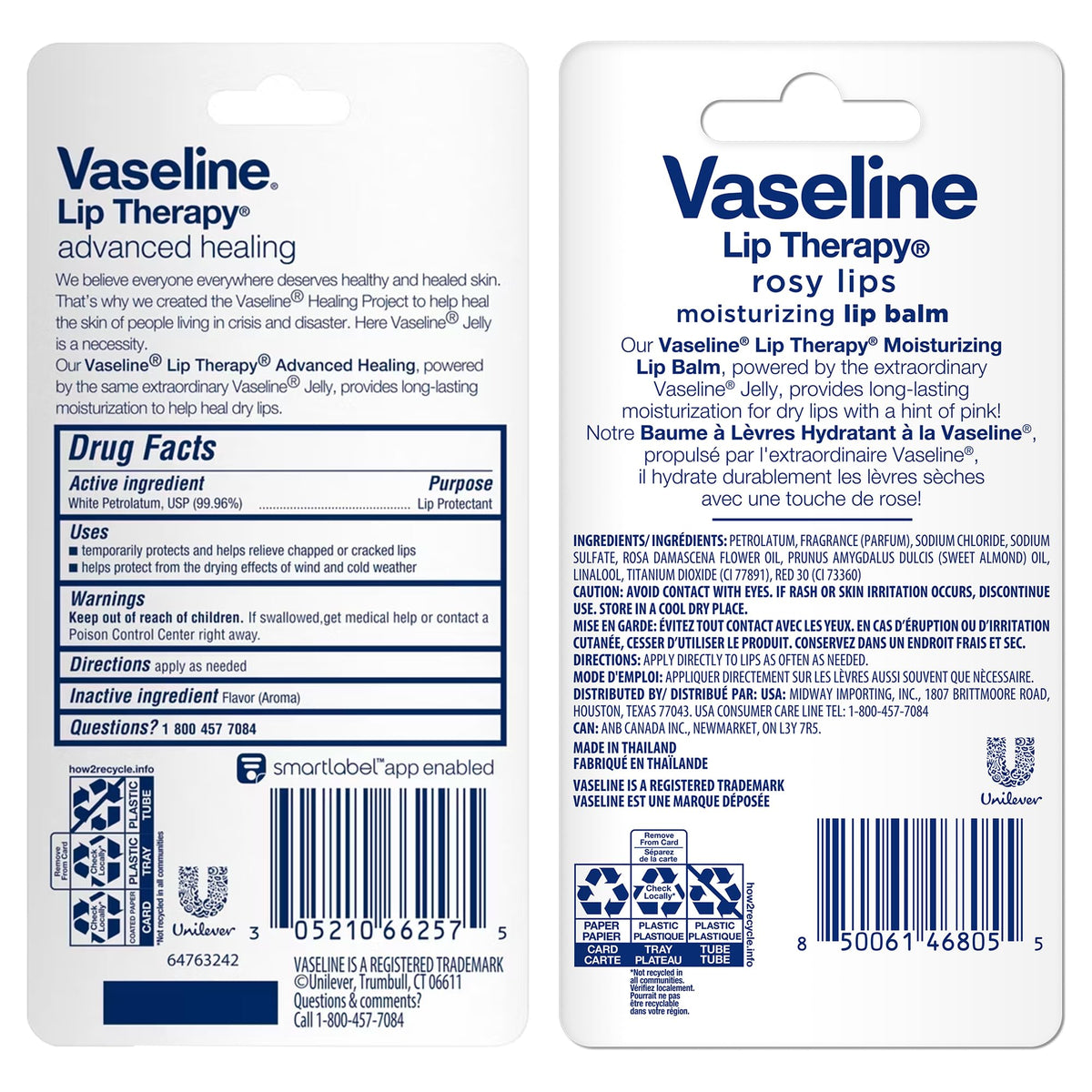 Vaseline Lip Therapy Advanced Healing Lip Balm Original & Rosy Lips Twin Packs, 4 Tubes Total, 0.35 Oz Ea