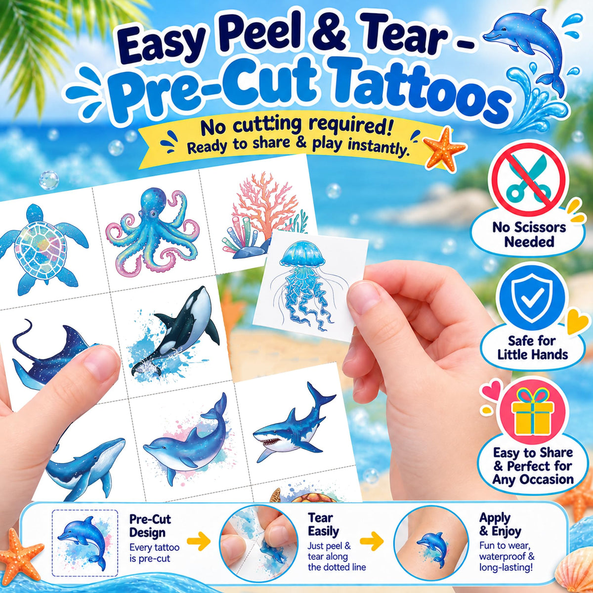 120 PCS Temporary Tattoos for Kids - Ocean Sea Animal Shark Whale Fish |