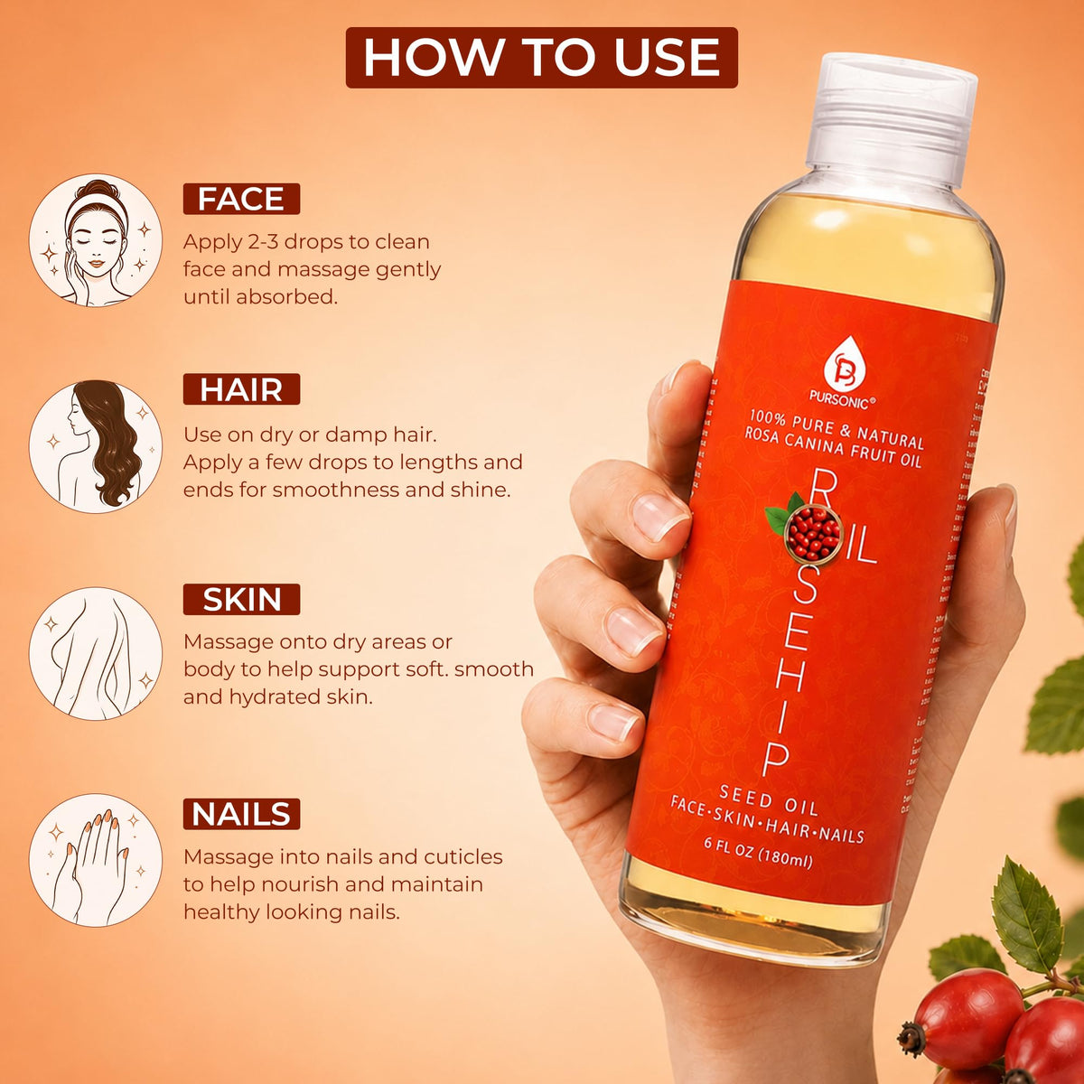 PURSONIC Pure Cold Pressed Rosehip Seed Oil for Face, Hair, Skin & Nails - Hydrating Lightweight Moisturizer for Dry Acne Prone Skin & Brightening Care with Fast Absorbing Formula - 6 Fl Oz