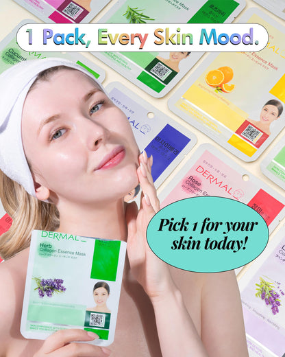 DERMAL 39 Korean Essence Sheet Mask Variety Pack, 39 Formulas, No Repeats