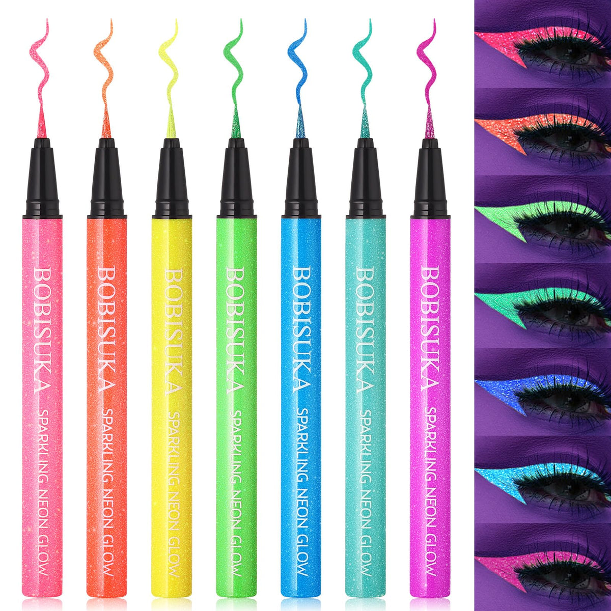 BOBISUKA 7-Color UV Glitter Liquid Eyeliner, Waterproof Neon Eye Liner
