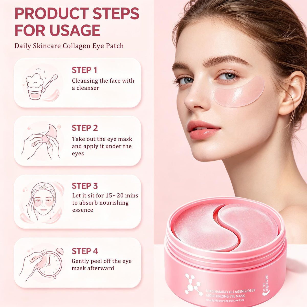 80 Pcs Collagen Eye Masks,Pink Eye Patches for Smile Lines and Wrinkles