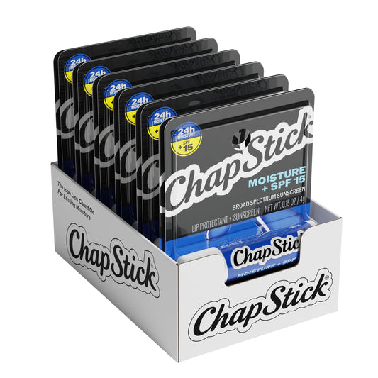 ChapStick Moisture SPF + 15 Lip Balm Sticks with 24 Hour Moisture, 12-Pack