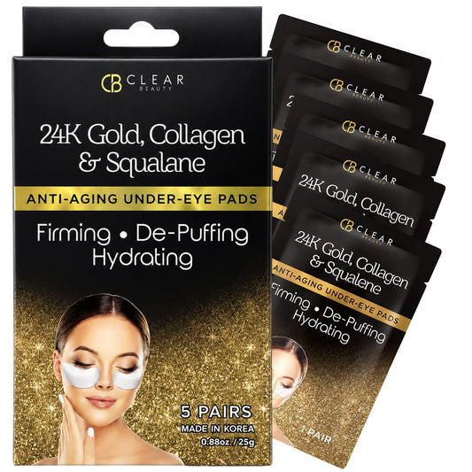 Clear Beauty, 24K Gold & Collagen Under Eye Patches For Dark Circles & Puffy Eyes – Firming & Hydrating With Squalane – Dermatologist Tested, Anti-Aging, Korean Skin Care – Clean Beauty – 5 Pairs