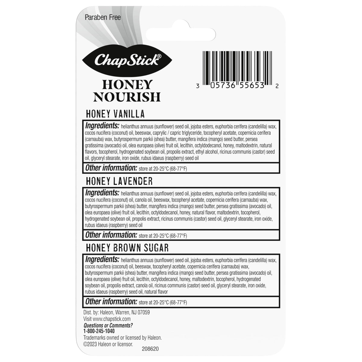 ChapStick Lip Balm Honey Nourish, Moisturizing Formula with Shea Butter and Avocado Butter, Vitamin E, Flavors Lavender, Vanilla, Brown Sugar, 3CT .45OZ