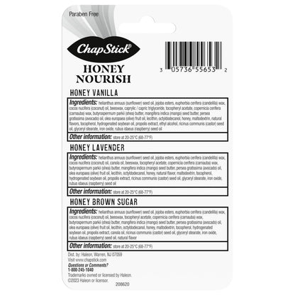 ChapStick Lip Balm Honey Nourish, Moisturizing Formula with Shea Butter and Avocado Butter, Vitamin E, Flavors Lavender, Vanilla, Brown Sugar, 3CT .45OZ