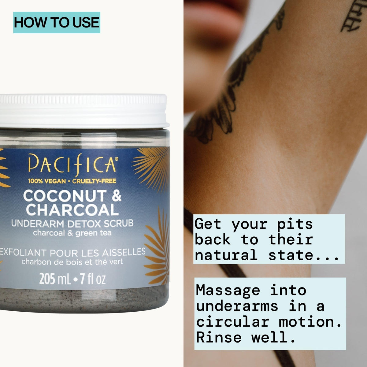 Pacifica Underarm Body Scrub - Armpit Detox Coconut & Charcoal Deodorant– Exfoliating & Nourishing for Natural Deodorant Users – Aluminum-Free & Safe for Sensitive Skin, Vegan & Cruelty-Free, 7 fl oz