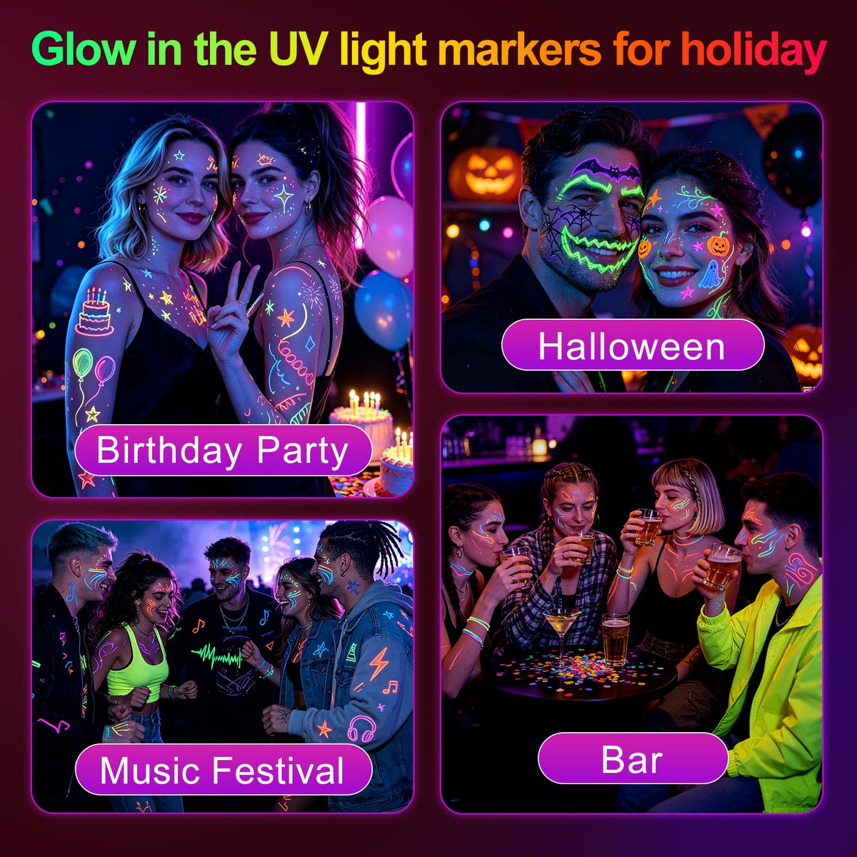 18 Pack Neon Face Body Paint, Glow in the Dark UV Body Face Paint for Skin